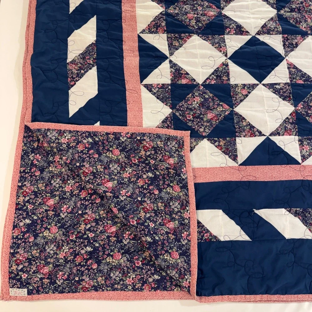 Vintage Handmade Star Patchwork Quilt Navy Pink Floral 100x101 King Queen 1999